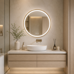 Apvalus LED veidrodis Atlas šlifuoto vario rėmu 50 cm