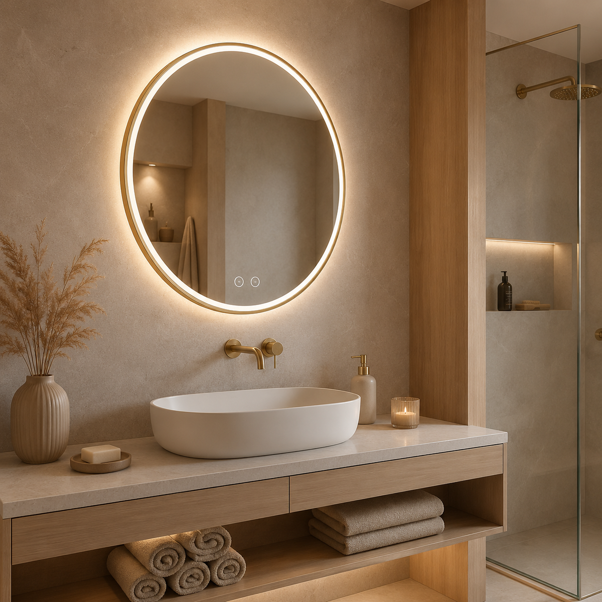 Apvalus LED veidrodis Atlas šlifuoto vario rėmu 50 cm