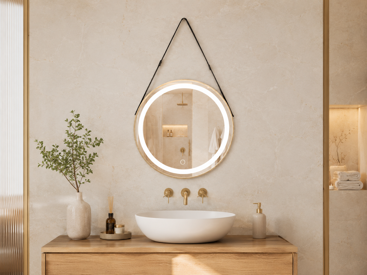 Apvalus LED veidrodis Nora auksiniu rėmu 60 cm