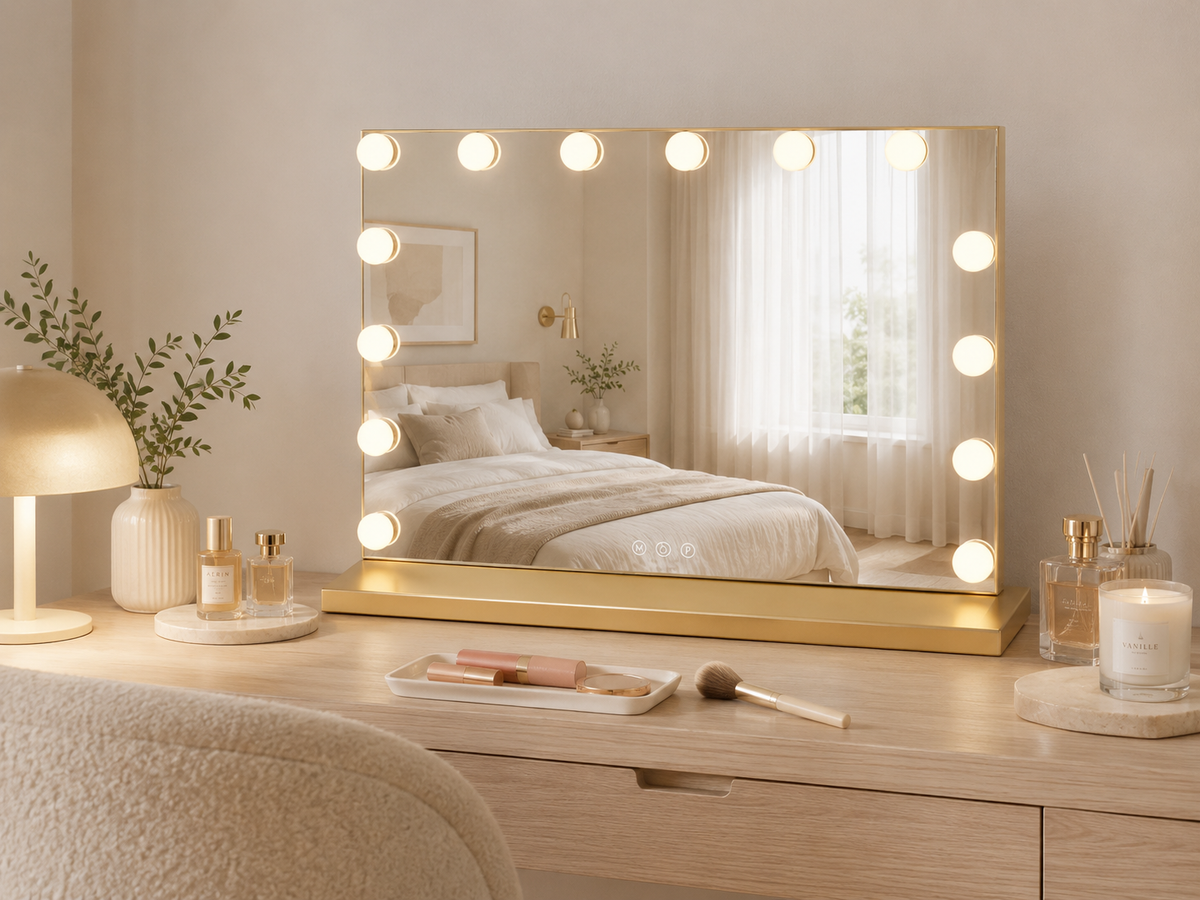Kosmetinis LED veidrodis Estelle 2 auksiniu rėmu 80 × 62 cm