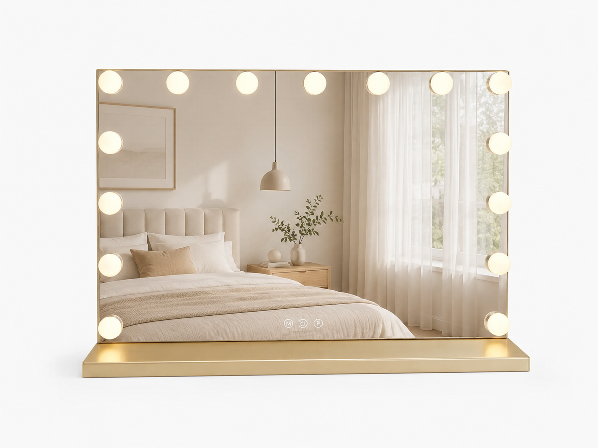 Kosmetinis LED veidrodis Amara 2 auksiniu rėmu 58 × 45 cm