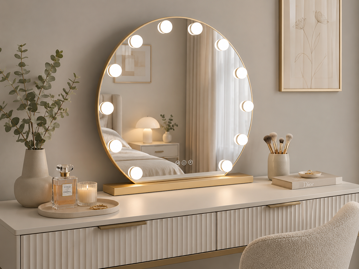 Kosmetinis LED veidrodis Aurea 2 auksiniu rėmu 50 × 47 cm