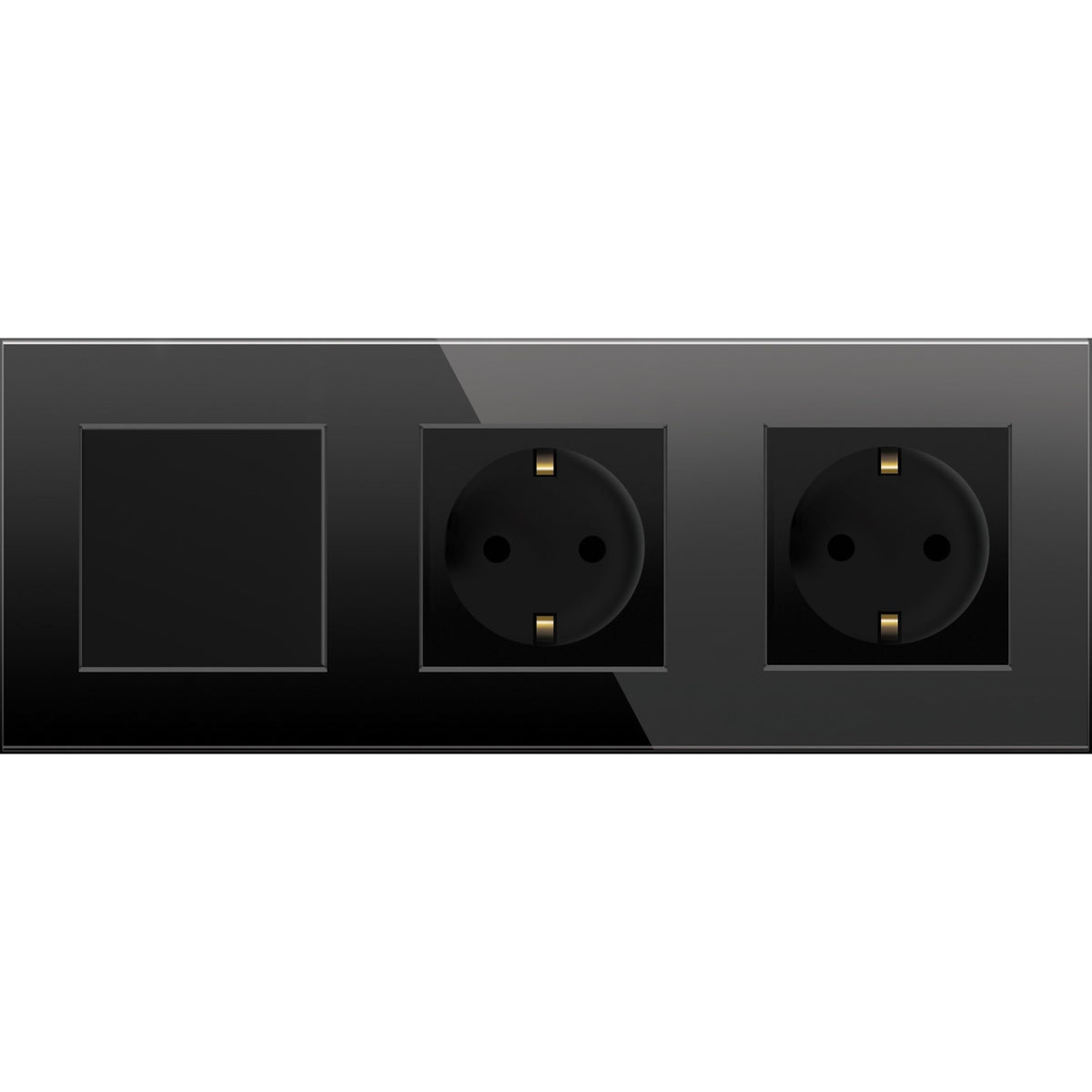 Vienpolis mechaninis jungiklis su dviviečiu kištukiniu lizdu, su įžeminimu, su stikliniu rėmeliu (juodas)