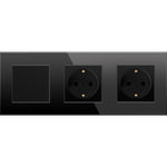 Vienpolis mechaninis jungiklis su dviviečiu kištukiniu lizdu, su įžeminimu, su stikliniu rėmeliu (juodas)