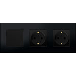 Vienpolis mechaninis jungiklis su dviviečiu kištukiniu lizdu, su įžeminimu, su plastikiniu rėmeliu (juodas)