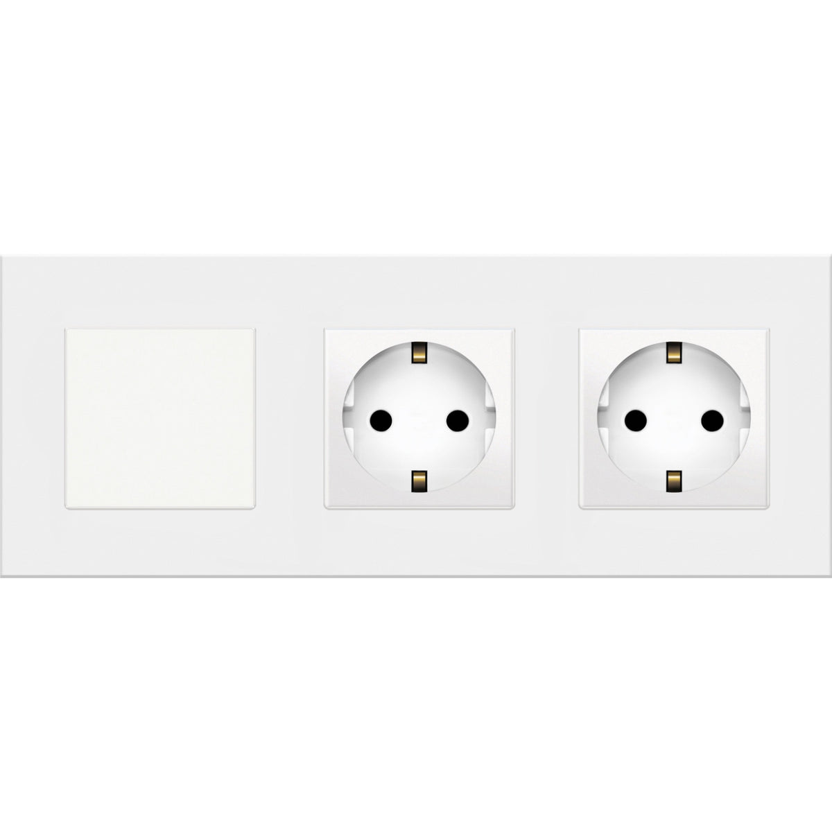 Vienpolis mechaninis jungiklis su dviviečiu kištukiniu lizdu, su įžeminimu, su plastikiniu rėmeliu (baltas)