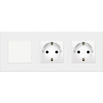 Vienpolis mechaninis jungiklis su dviviečiu kištukiniu lizdu, su įžeminimu, su plastikiniu rėmeliu (baltas)