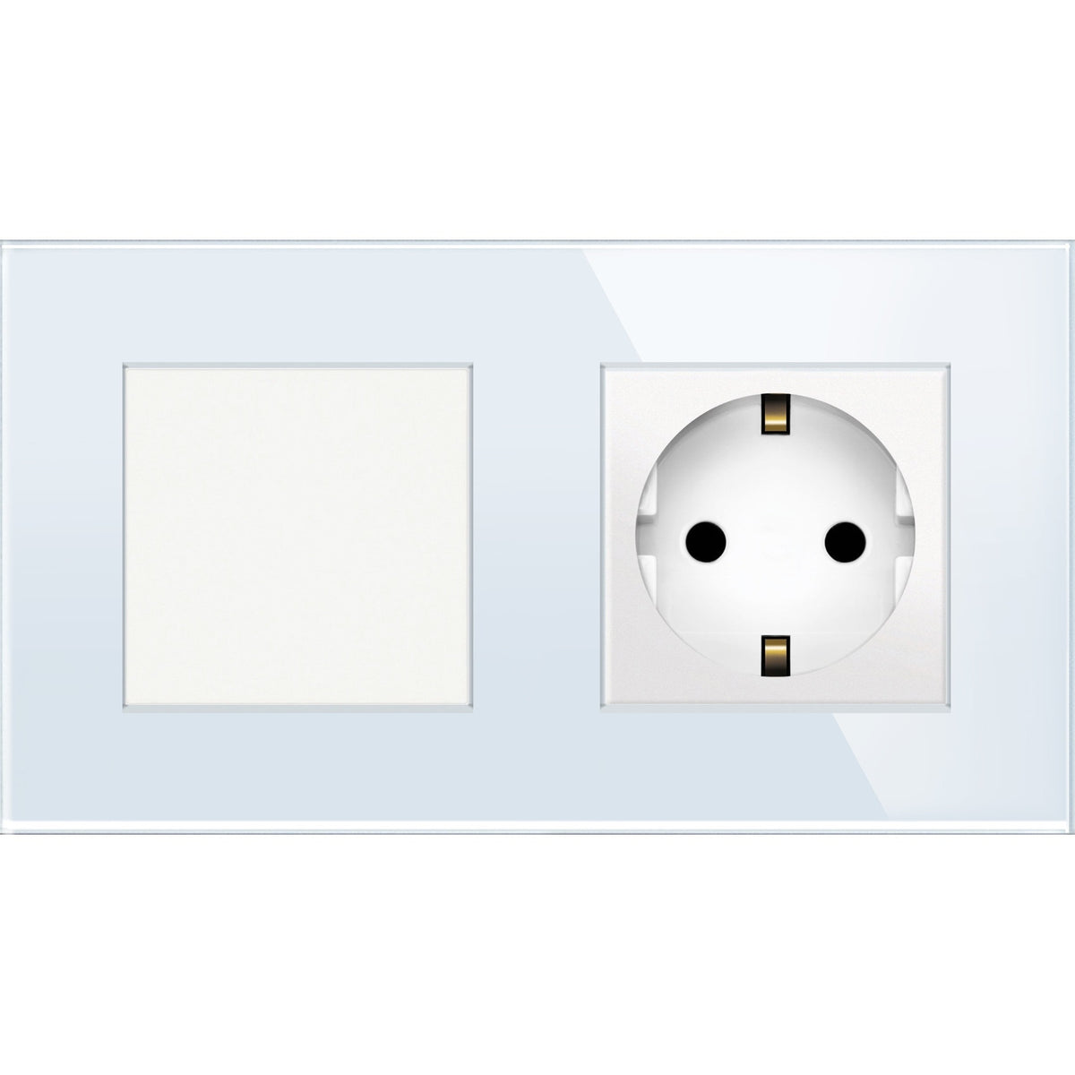 Vienpolis mechaninis jungiklis su kištukiniu lizdu, su įžeminimu, su stikliniu rėmeliu (baltas)