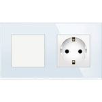 Vienpolis mechaninis jungiklis su kištukiniu lizdu, su įžeminimu, su stikliniu rėmeliu (baltas)