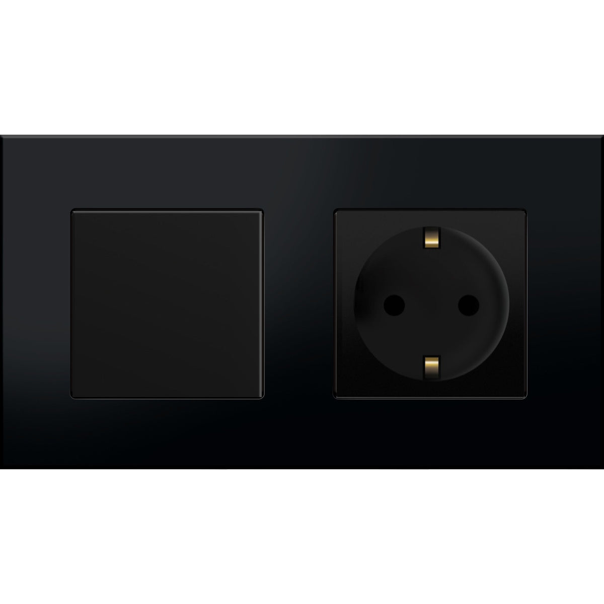 Vienpolis mechaninis jungiklis su kištukiniu lizdu, su įžeminimu, su plastikiniu rėmeliu (juodas)