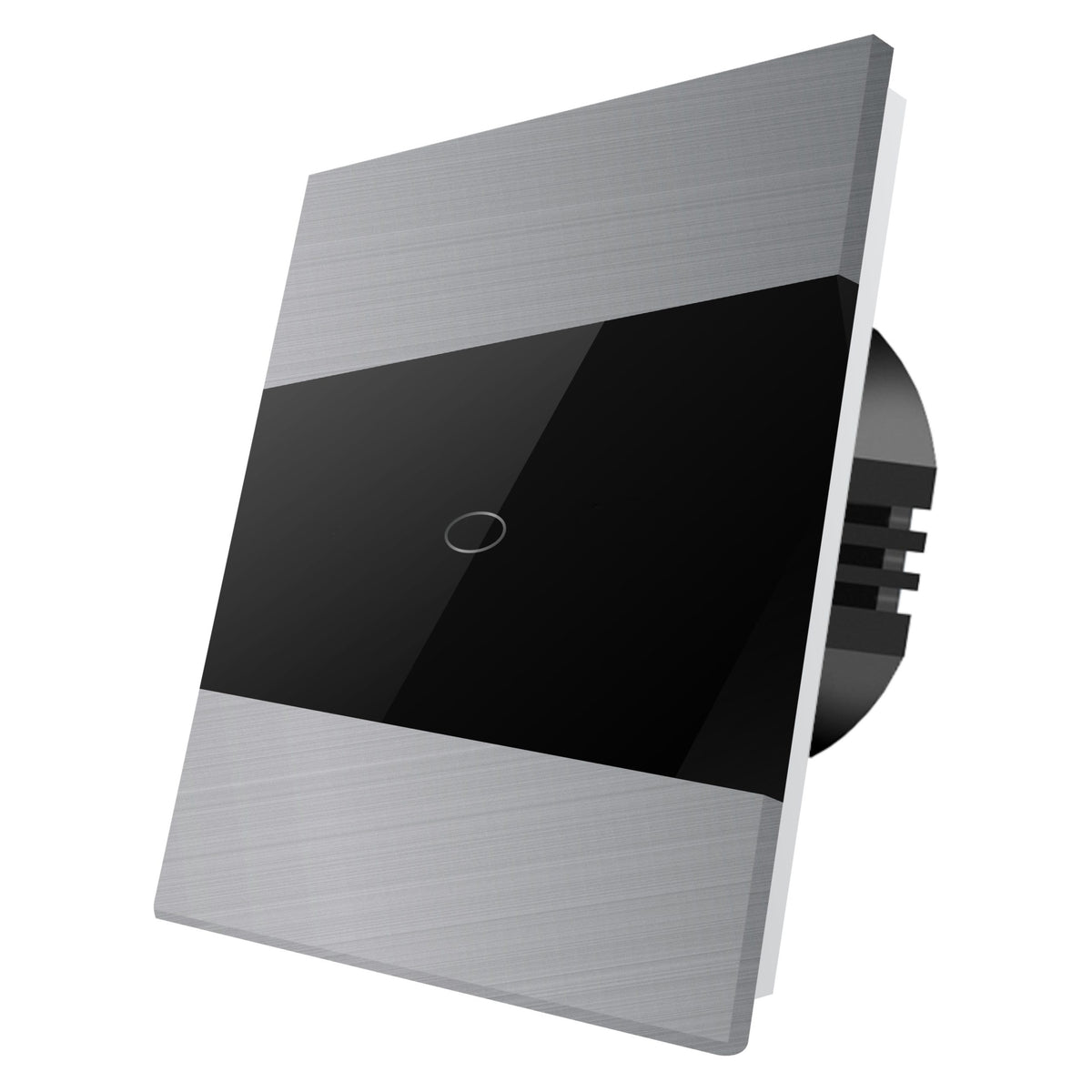 Vienpolis sensorinis jungiklis su pilko aliuminio ir stiklo panele