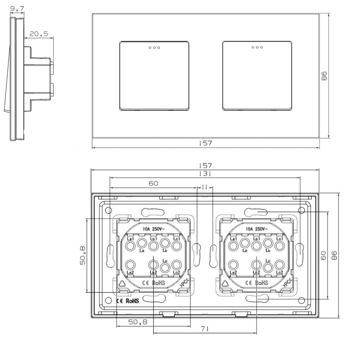Dvivietis vienpolis mechaninis jungiklis su plastikiniu rėmeliu (juodas)