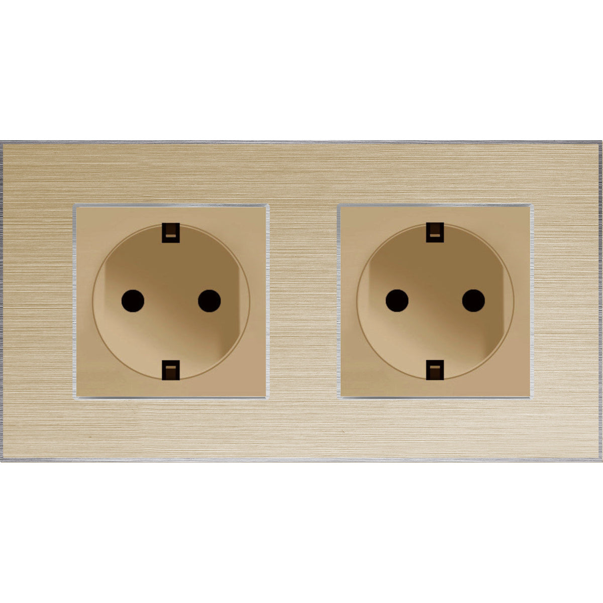 Dvivietis kištukinis lizdas su įžeminimu su aliuminiu rėmeliu (auksinis)