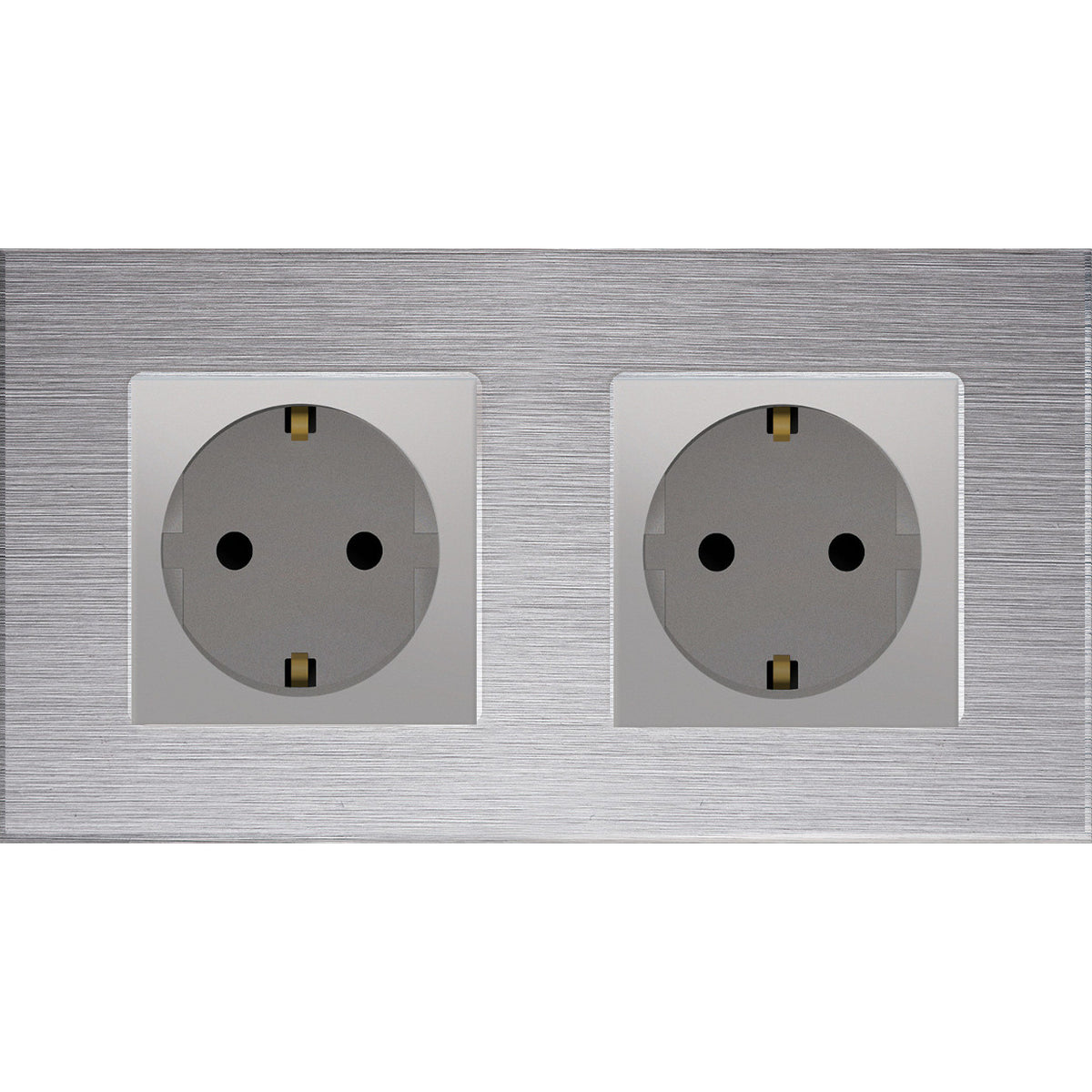 Dvivietis kištukinis lizdas su įžeminimu (pilkas), su aliuminiu rėmeliu (sidabrinis)