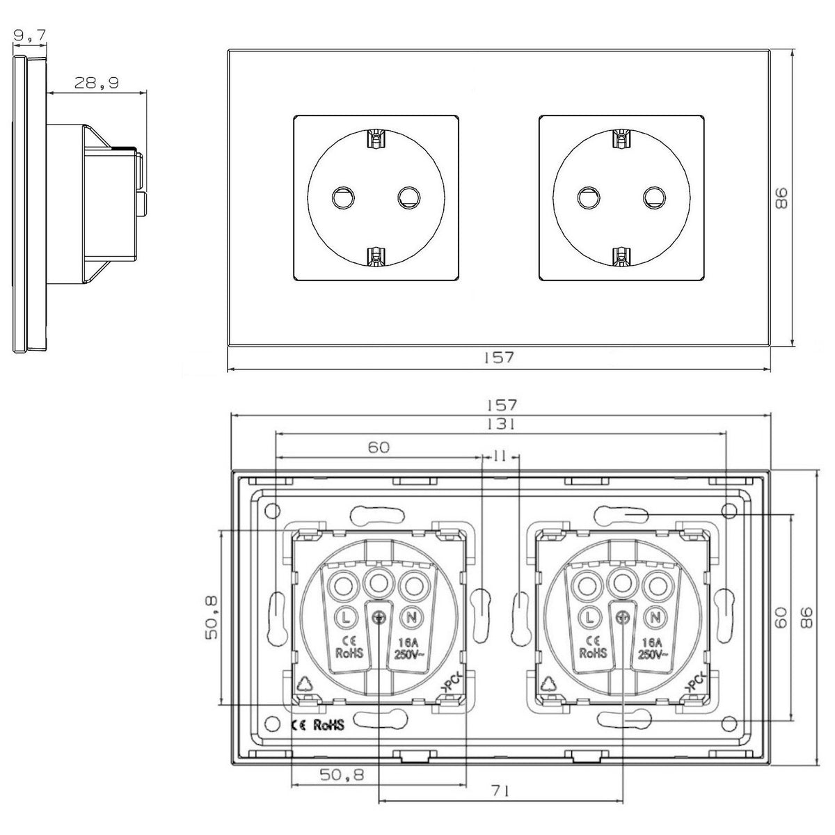 Dvivietis kištukinis lizdas su įžeminimu (baltas) su aliuminiu rėmeliu (juodas)