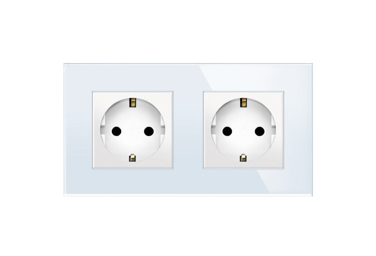 Dvivietis kištukinis lizdas (rozetė) su įžeminimu, su stikliniu rėmeliu