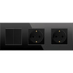Dvipolis mechaninis jungiklis su dviviečiu kištukiniu lizdu, su įžeminimu, su stikliniu rėmeliu (juodas)