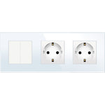 Dvipolis mechaninis jungiklis su dviviečiu kištukiniu lizdu, su įžeminimu, su stikliniu rėmeliu (baltas)