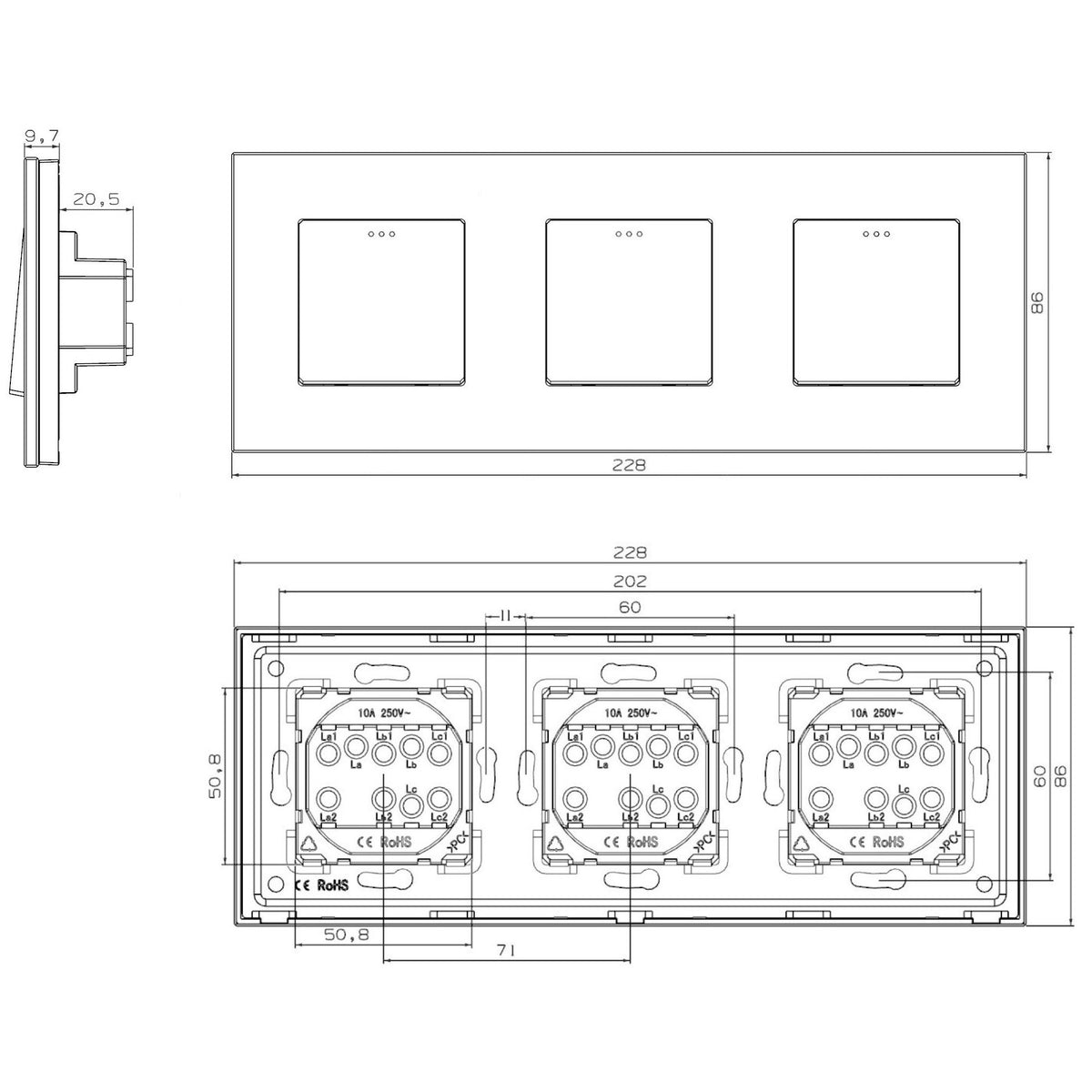 Trivietis vienpolis mechaninis jungiklis su plastikiniu rėmeliu (juodas)