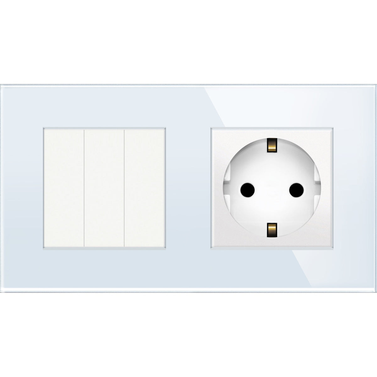 Tripolis mechaninis jungiklis su kištukiniu lizdu, su įžeminimu, su stikliniu rėmeliu (baltas)