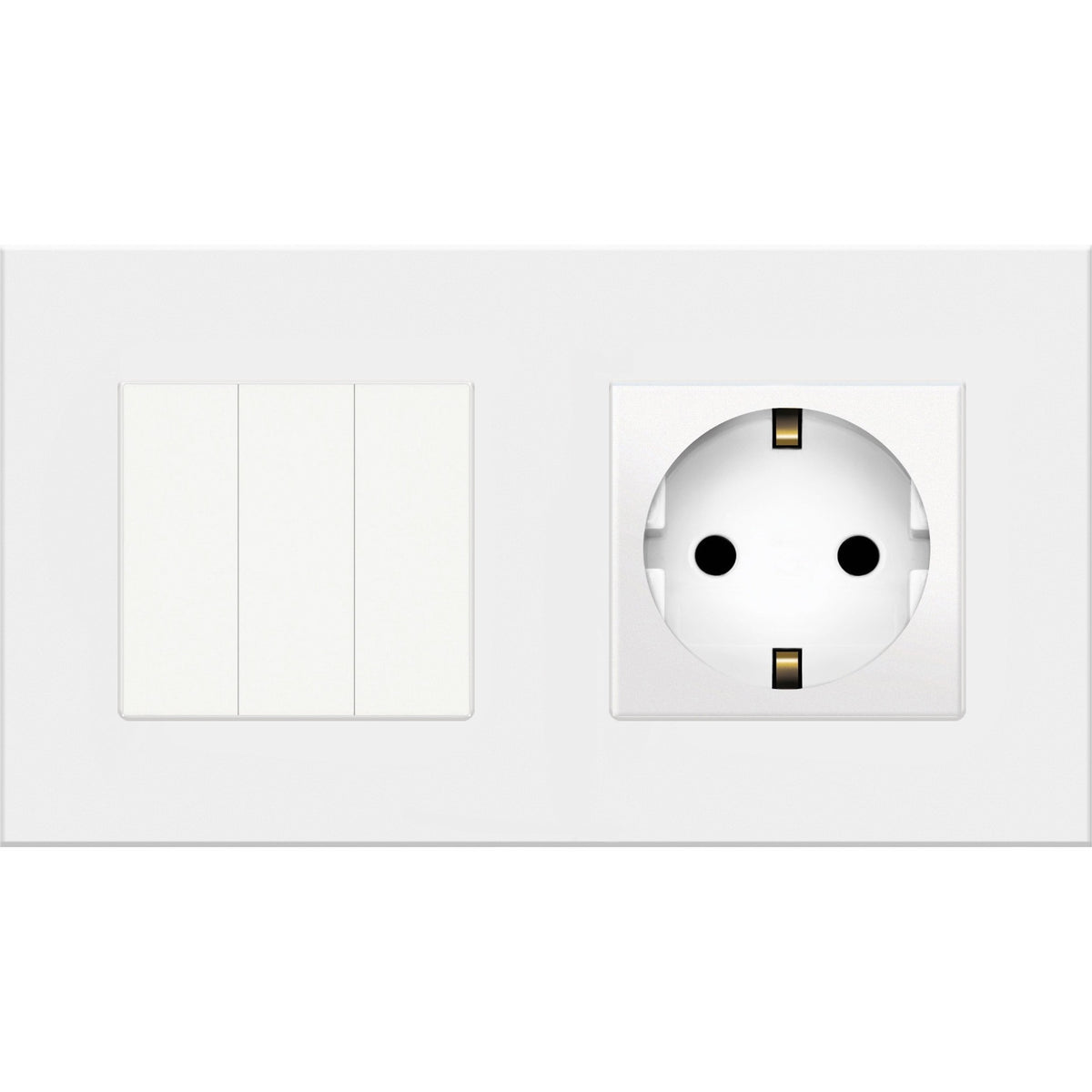 Tripolis mechaninis jungiklis su kištukiniu lizdu, su įžeminimu, su plastikiniu rėmeliu (baltas)