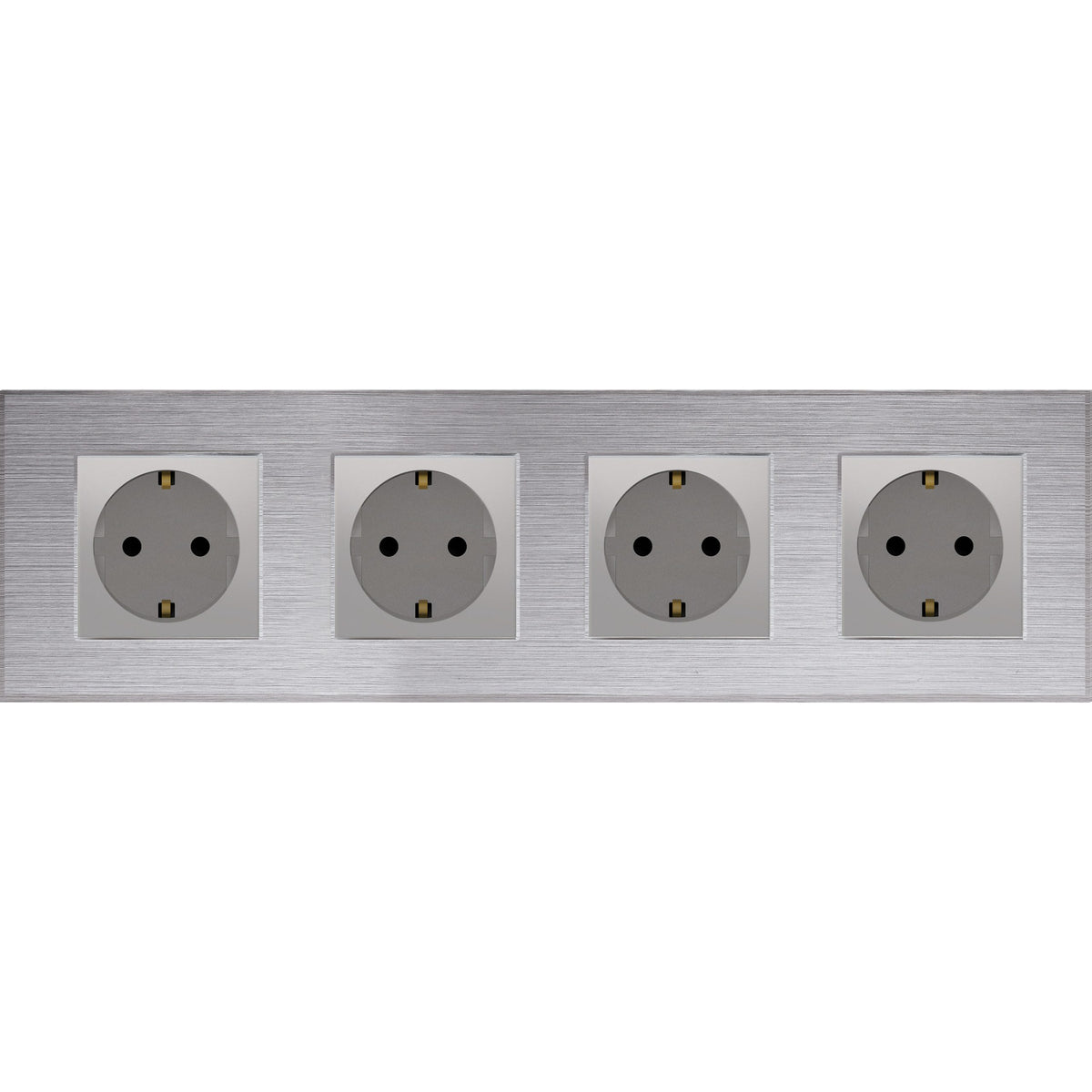 Keturvietis kištukinis lizdas su įžeminimu (pilkas), su aliuminiu rėmeliu (sidabrinis)