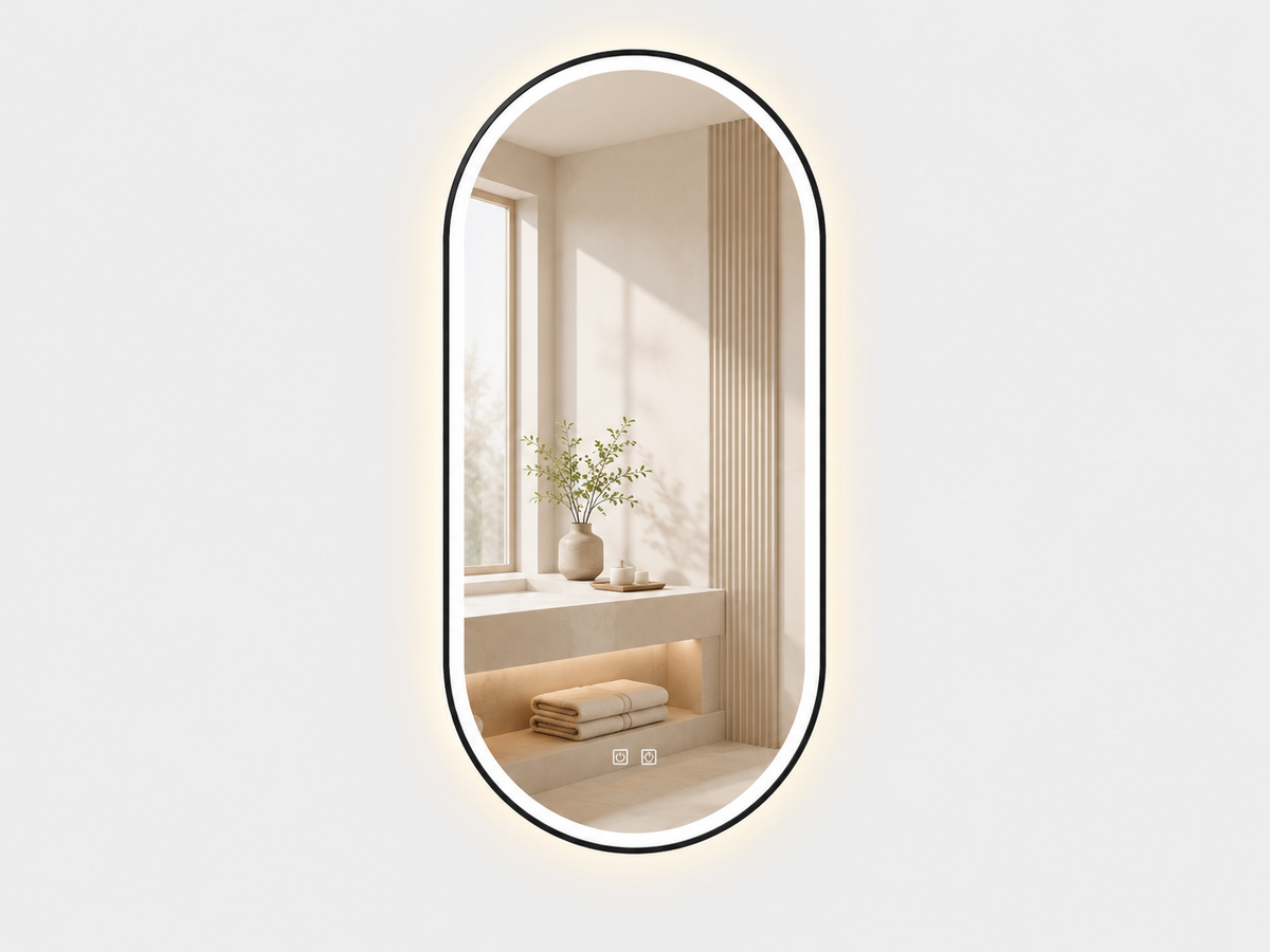 Ovalus LED veidrodis Monaco 2 juodu rėmu 50 × 100 cm
