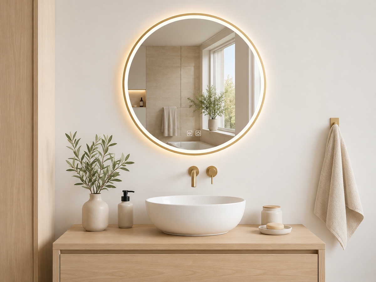 Apvalus LED veidrodis Opal auksiniu rėmu 80 cm