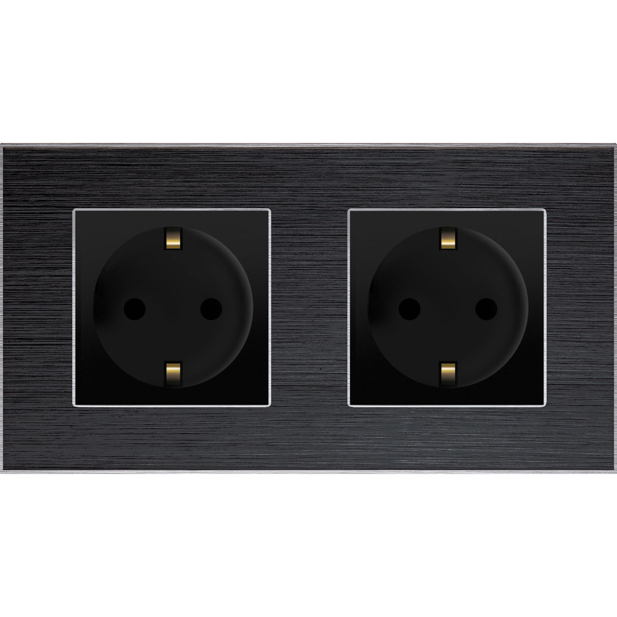 Dvivietis kištukinis lizdas su įžeminimu, su aliuminiu rėmeliu (juodas)