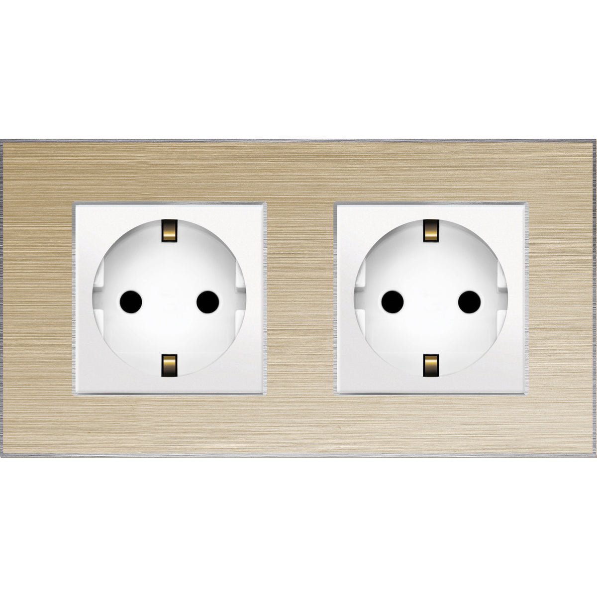 Dvivietis kištukinis lizdas su įžeminimu (baltas), su aliuminiu rėmeliu (auksinis)