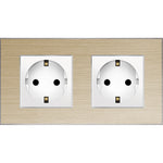 Dvivietis kištukinis lizdas su įžeminimu (baltas), su aliuminiu rėmeliu (auksinis)