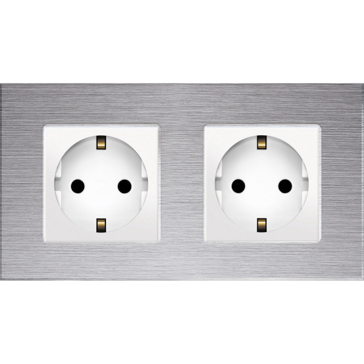 Dvivietis kištukinis lizdas su įžeminimu (baltas), su aliuminiu rėmeliu (sidabrinis)