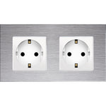 Dvivietis kištukinis lizdas su įžeminimu (baltas), su aliuminiu rėmeliu (sidabrinis)