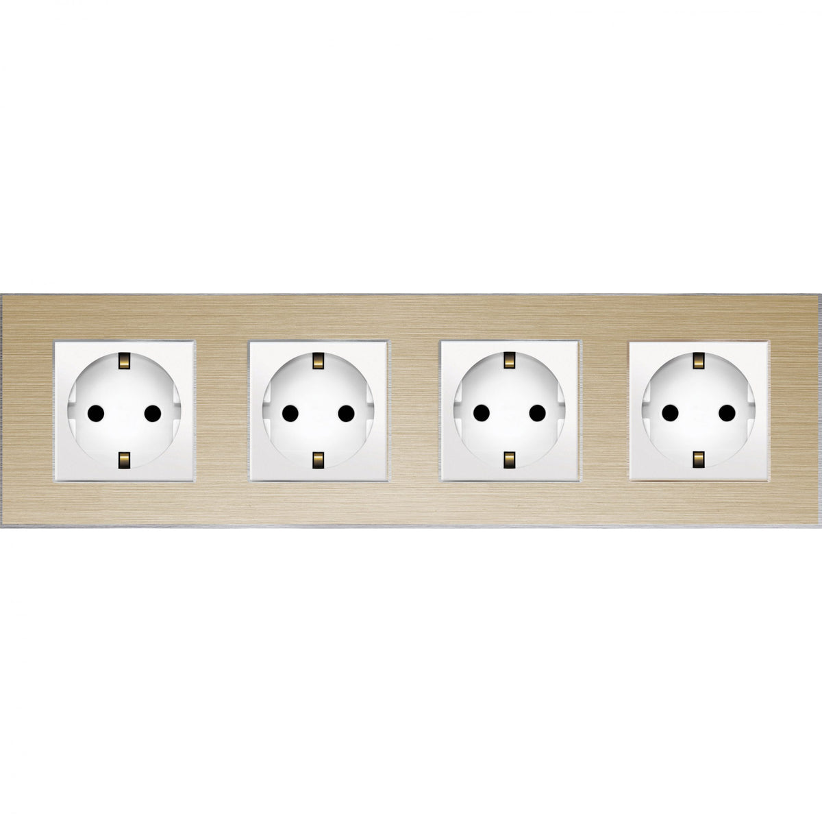 Keturvietis kištukinis lizdas su įžeminimu (baltas), su aliuminiu rėmeliu (auksinis)