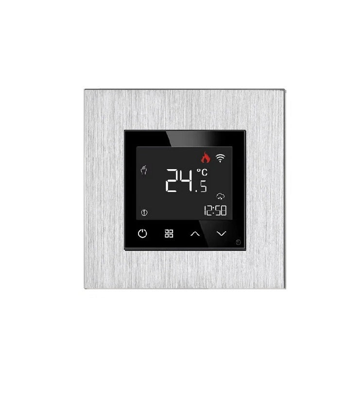 termostatas su wifi, su pilku aliuminio rėmeliu