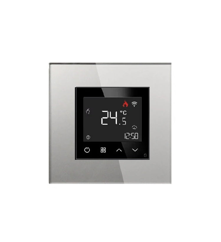 termostatas su WIFI, su pilku rėmeliu
