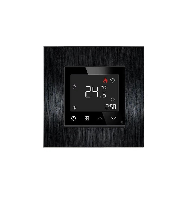 termostatas su wifi, su juodu aliuminio rėmeliu
