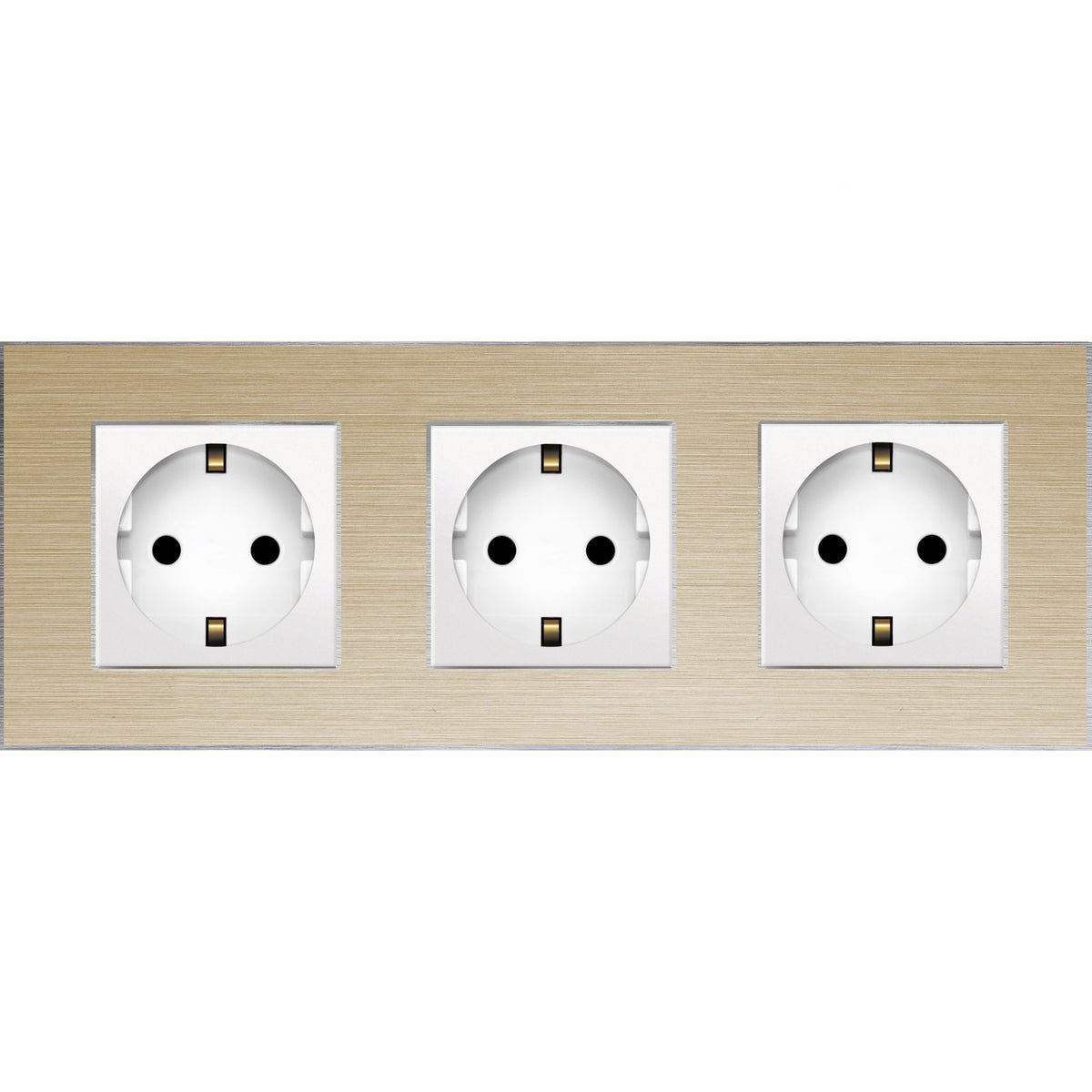 Trivietis kištukinis lizdas su įžeminimu (baltas), su aliuminiu rėmeliu (auksinis)