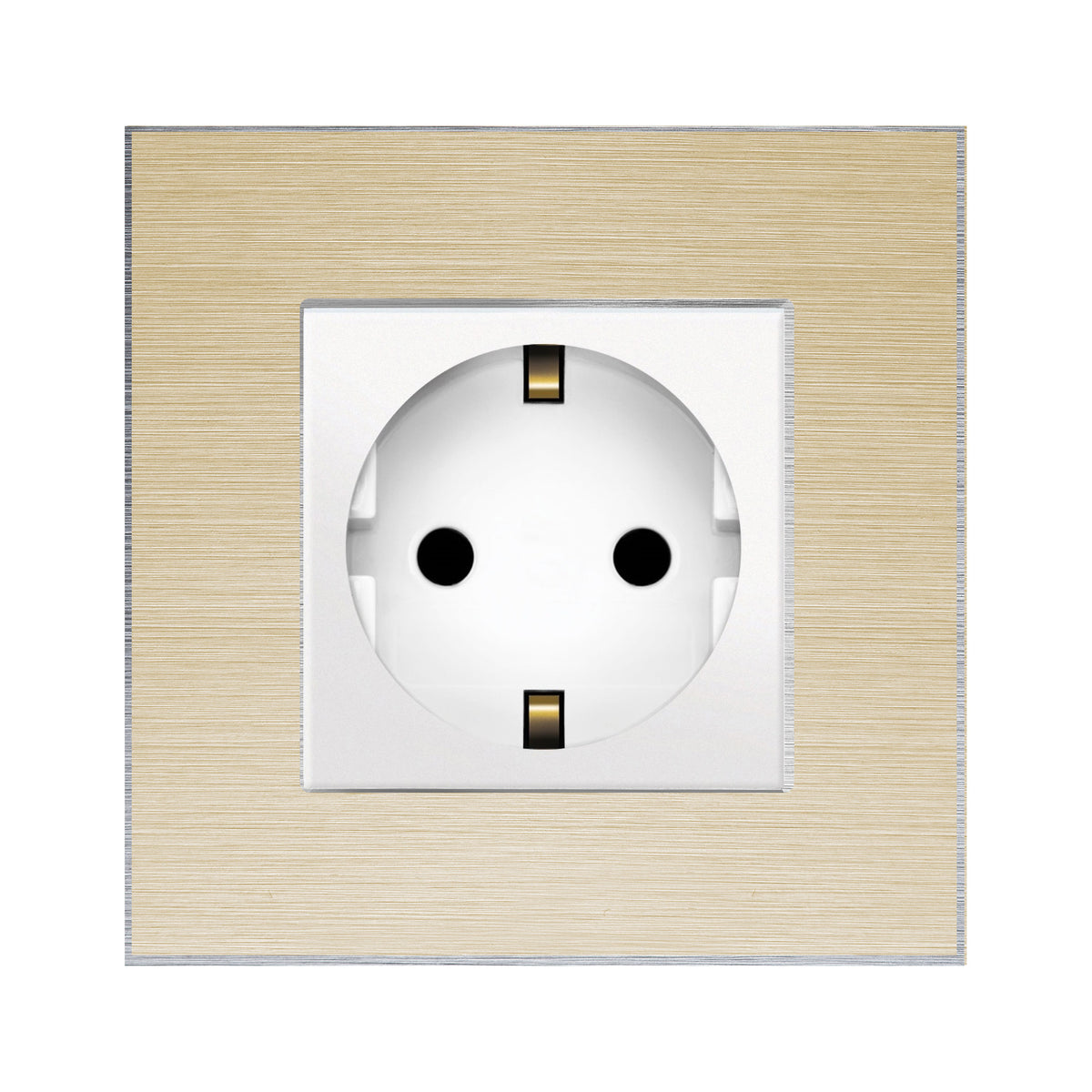 Vienvietis kištukinis lizdas su įžeminimu (baltas), su aliuminiu rėmeliu (auksinis)