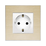 Vienvietis kištukinis lizdas su įžeminimu (baltas), su aliuminiu rėmeliu (auksinis)