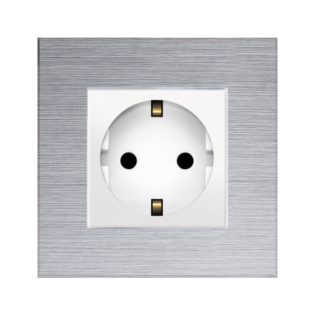 Vienvietis kištukinis lizdas su įžeminimu (baltas), su aliuminiu rėmeliu (sidabrinis)