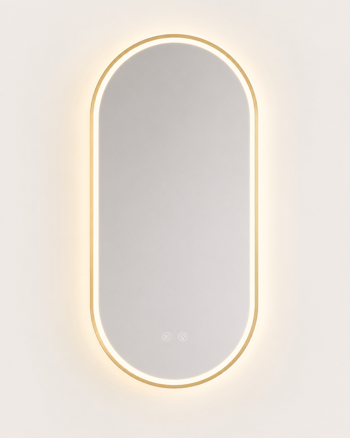 Ovalus LED veidrodis Reno 2 auksiniu rėmu 50 × 100 cm