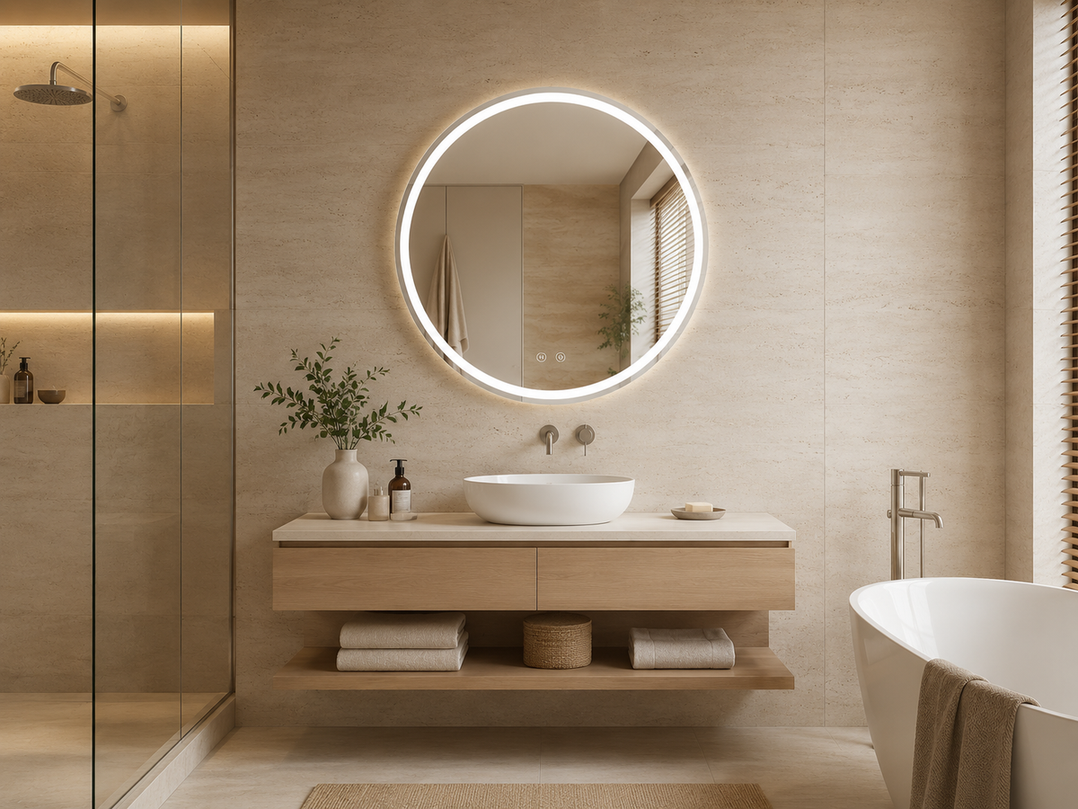 Apvalus LED veidrodis Soleil sidabriniu rėmu 70 cm