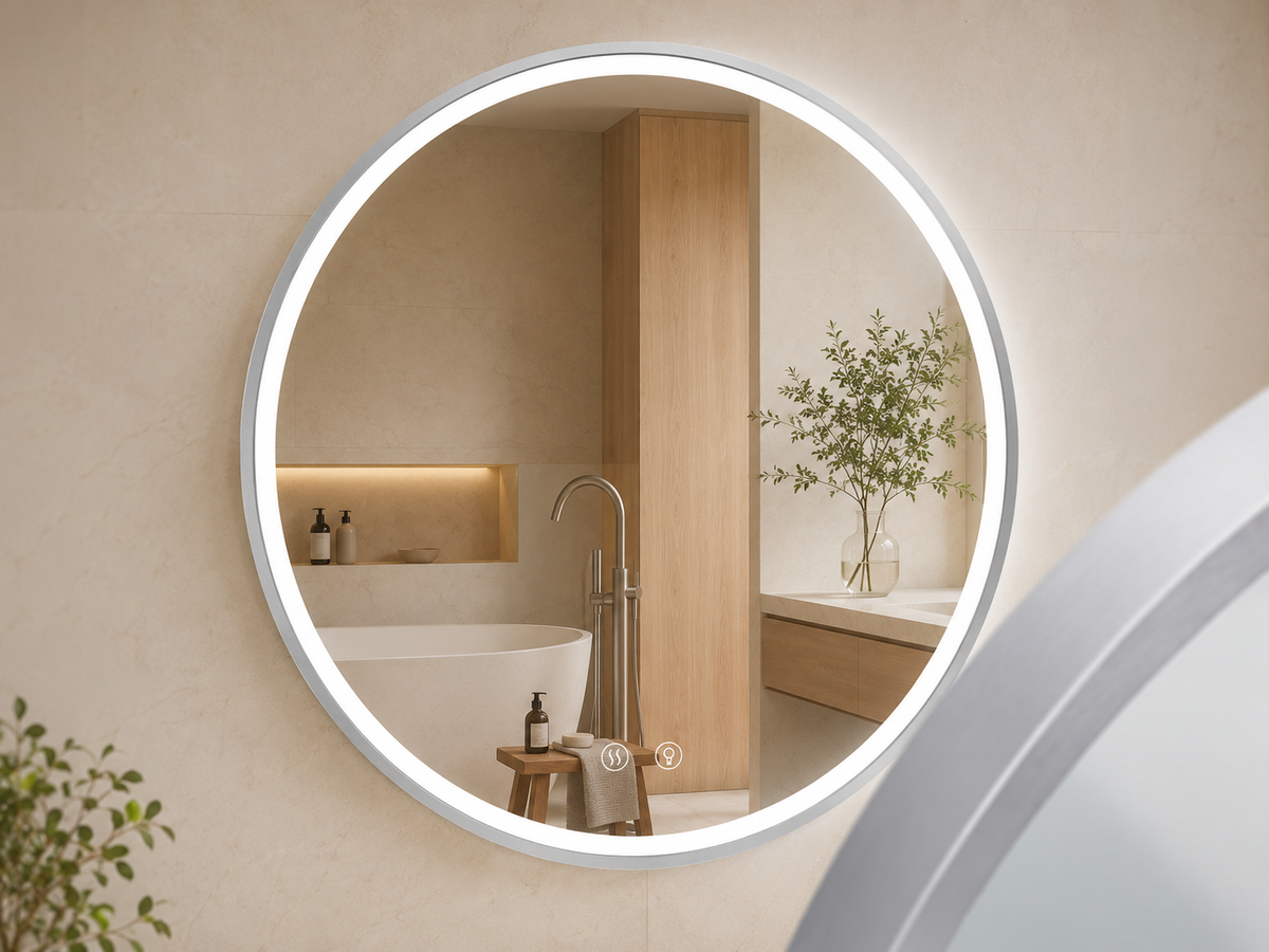 Apvalus LED veidrodis Nexus sidabriniu rėmu 50 cm