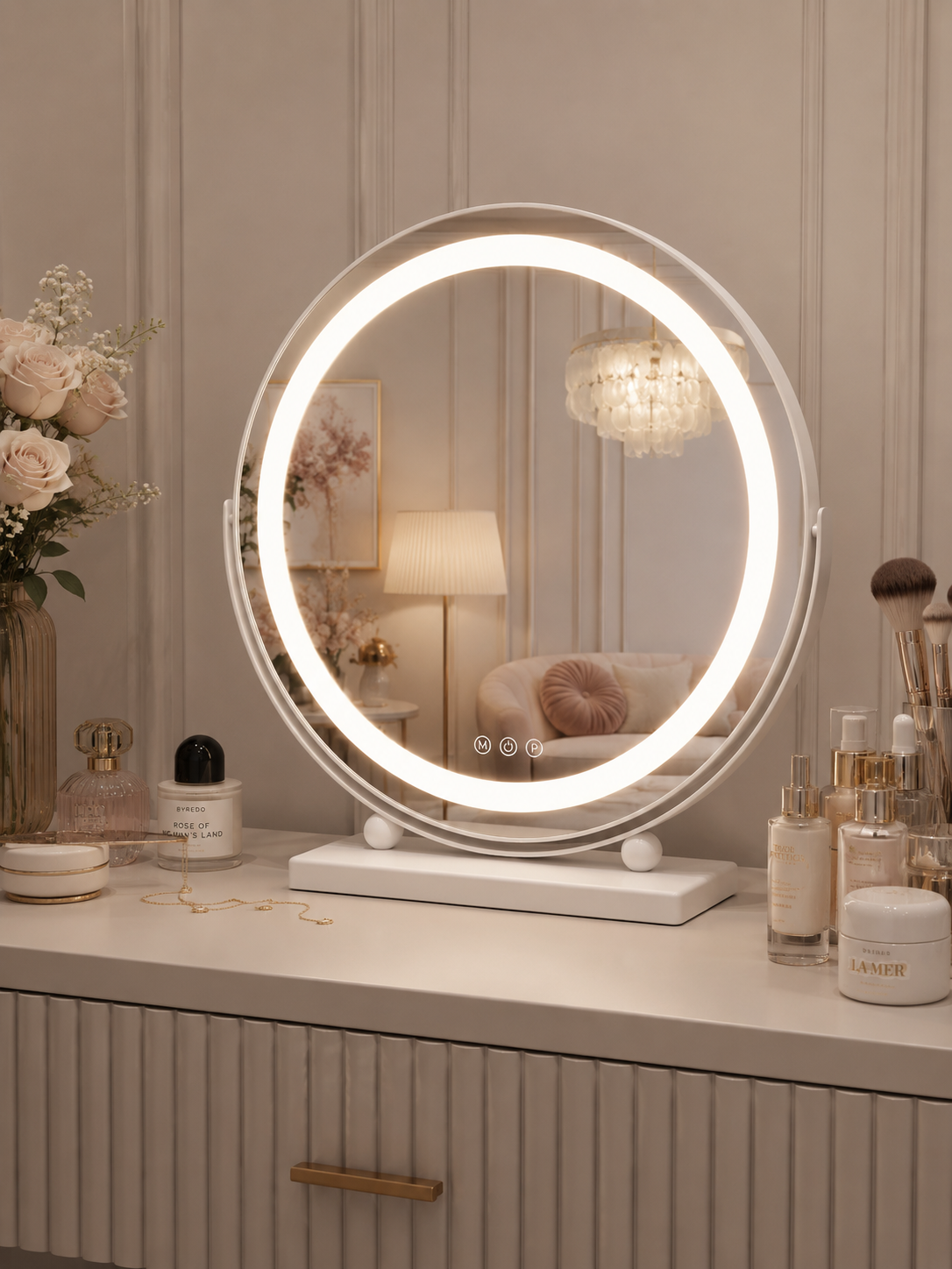Makiažo LED veidrodis Mistral 2 baltu rėmu 40 × 43 cm