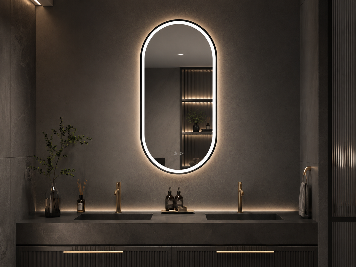 Ovalus LED veidrodis Monaco 2 juodu rėmu 50 × 100 cm