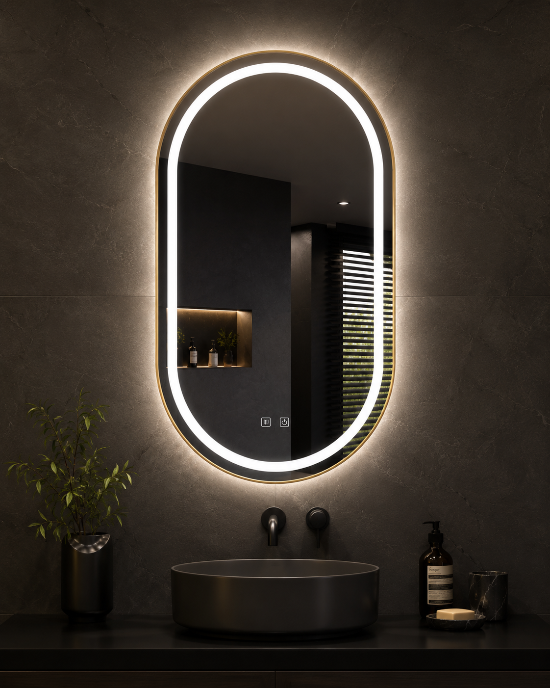 Ovalus LED veidrodis Urban 2 auksiniu rėmu 60 × 90 cm