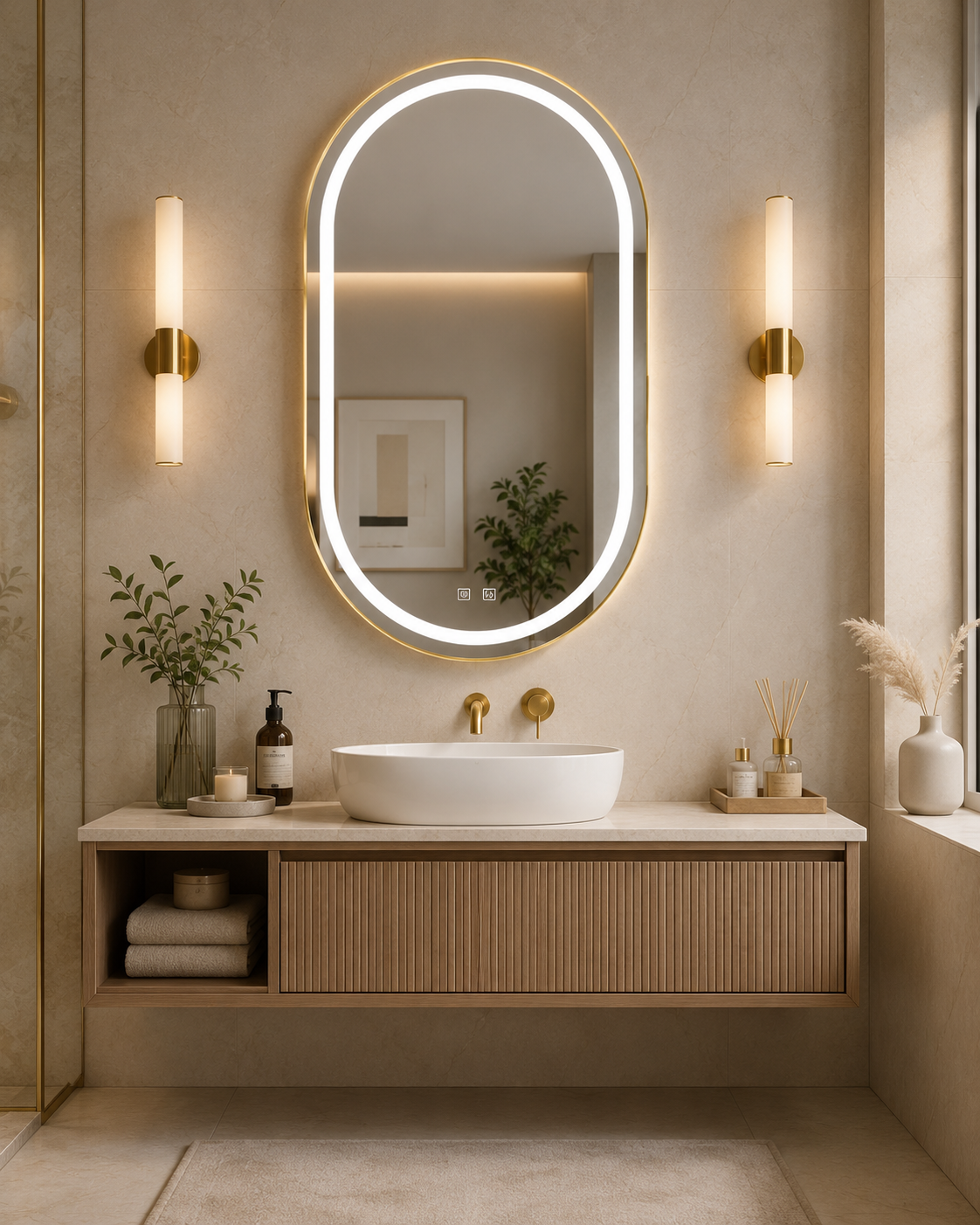 Ovalus LED veidrodis Urban 2 auksiniu rėmu 60 × 90 cm
