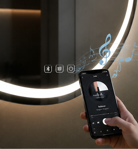Netaisyklingos formos LED veidrodis Aeris, Bluetooth 100 × 70 cm